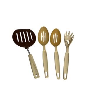 Vintage Ekco Kitchen Utensil 4pc Slotted Spatula Spoons Pasta Server Brown Tan